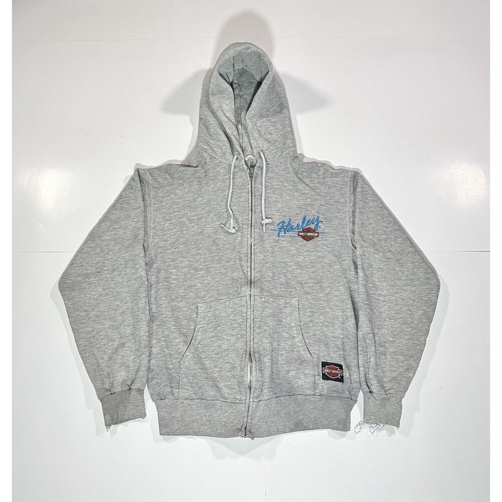 VTG 80s Harley Davidson Motorcycle Zip Up Hoodie Gray Sweatshirt Mens Medium USA